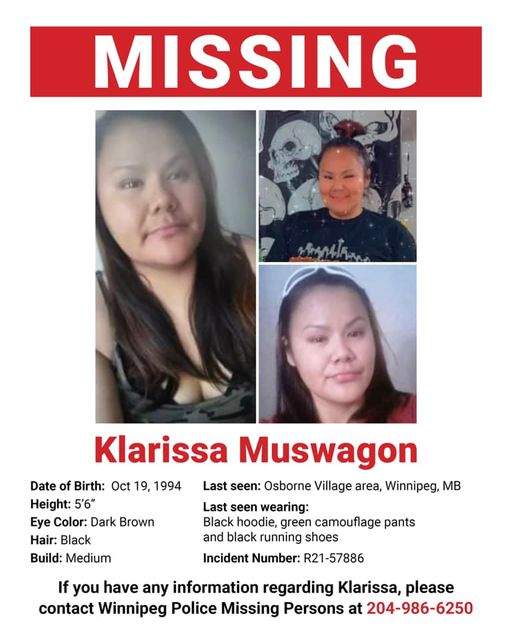 A poster distributed by Manitoba Keewatinowi Okimakanak (MKO) containing photos and information of missing 27-year-old, Klarissa Muswagon.