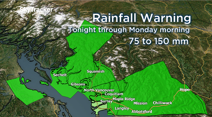 A graphic showing regions of B.C.’s South Coast and the projected rainfall totals from this weekend’s ‘atmospheric river.’