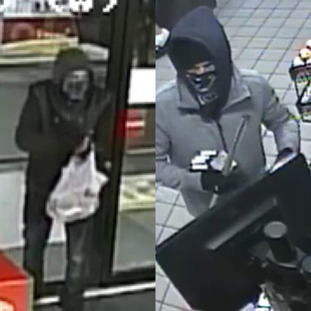 Suspect one is described as a man with a large build, who was wearing a grey sweater, dark pants, and brown shoes, and a dark mask, RCMP said. 

Suspect two is described as a man of medium build, who was wearing a dark jacket, dark pants, dark shoes with white soles.