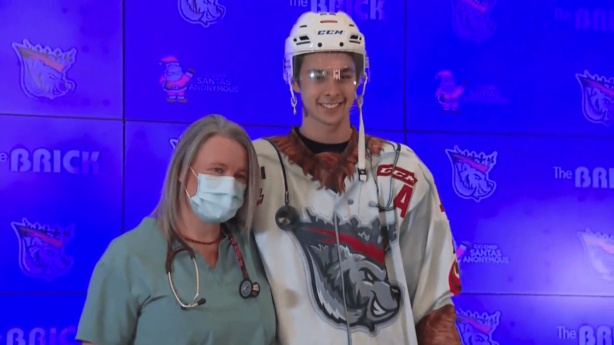 Registered nurse Teresa Berdusco was on hand Tuesday, Nov. 30, 2021 as the Edmonton Oil Kings revealed the Teddy Bear Toss jerseys dedicated to frontline workers.