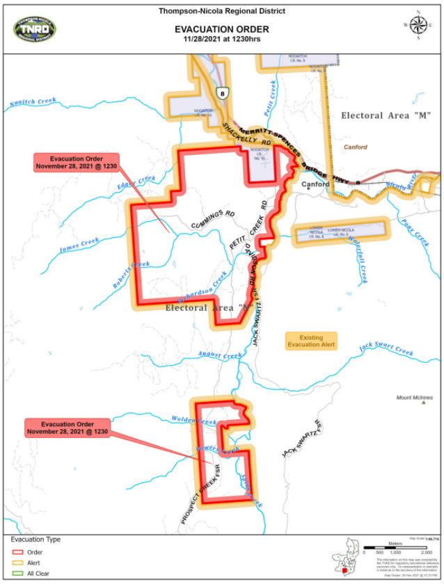A map from the Thompson-Nicola Regional District shows the areas where new evacuation orders and alerts were issued in the southern B.C. Interior on Nov. 28, 2021, as the second of three atmospheric rivers drenched the province.