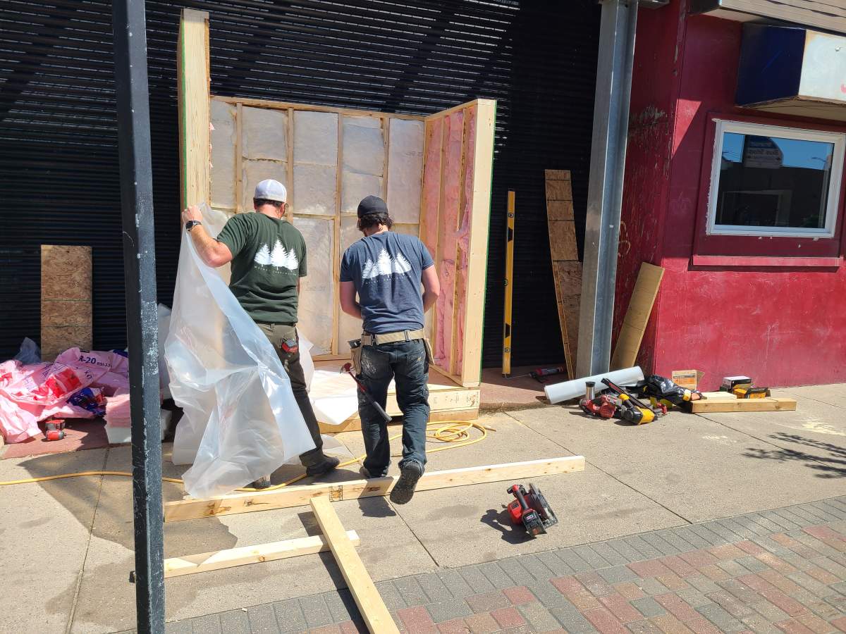 A community fridge being built in the Rivesdale area of Saskatoon.