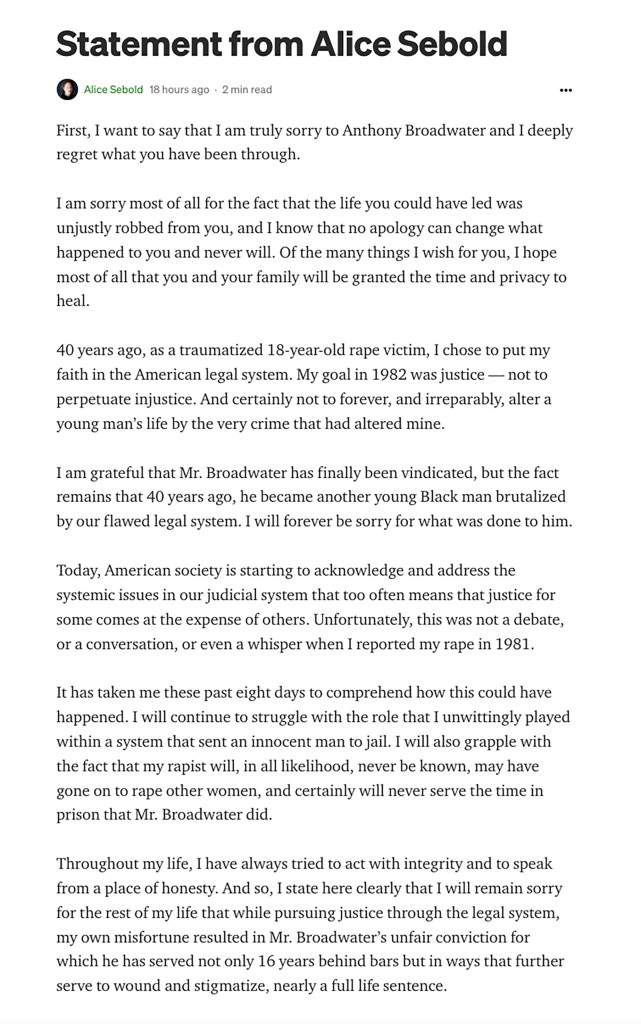 Alice Sebold's apology to Anthony Broadwater, as it appears on Medium.