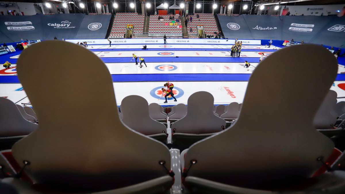 Cardboard cut-out fans watch the action from the stands at the Scotties Tournament of Hearts in Calgary, Alta., Sunday, Feb. 21, 2021.