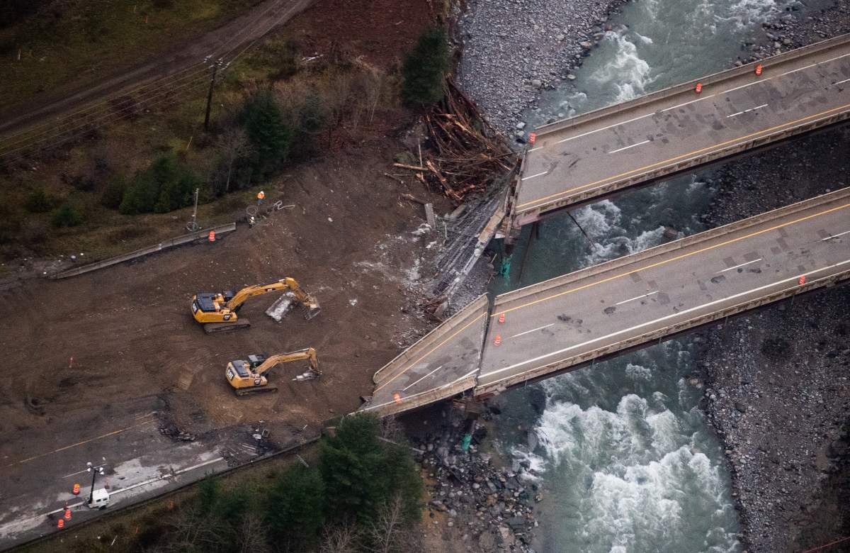Collapsed sections of bridges destroyed by severe flooding and landslides on the Coquihalla Highway north of Hope, B.C., are seen in an aerial view from a Canadian Forces reconnaissance flight on Monday, November 22, 2021.