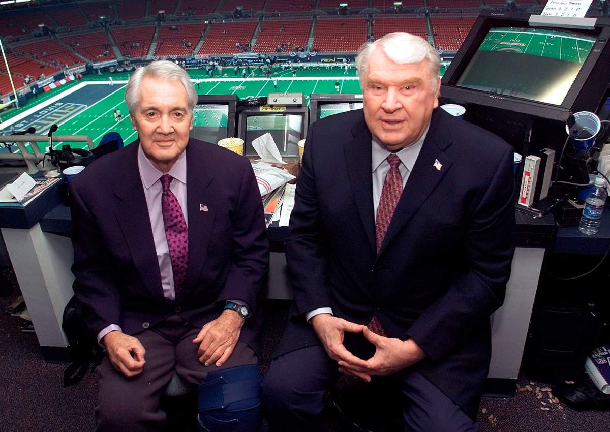 FILE – This Jan. 20, 2002, file photo shows Pat Summerall, left, and John Madden, right, in the FOX broadcast booth before the NFC divisional playoff in St. Louis. The hiring of Summerall and Madden as the top broadcast team gave Fox instant credibility, but the network also helped launch the network football careers of Joe Buck, Thom Brennaman, Kenny Albert and Kevin Harlan. (AP Photo/Michael Conroy, File)