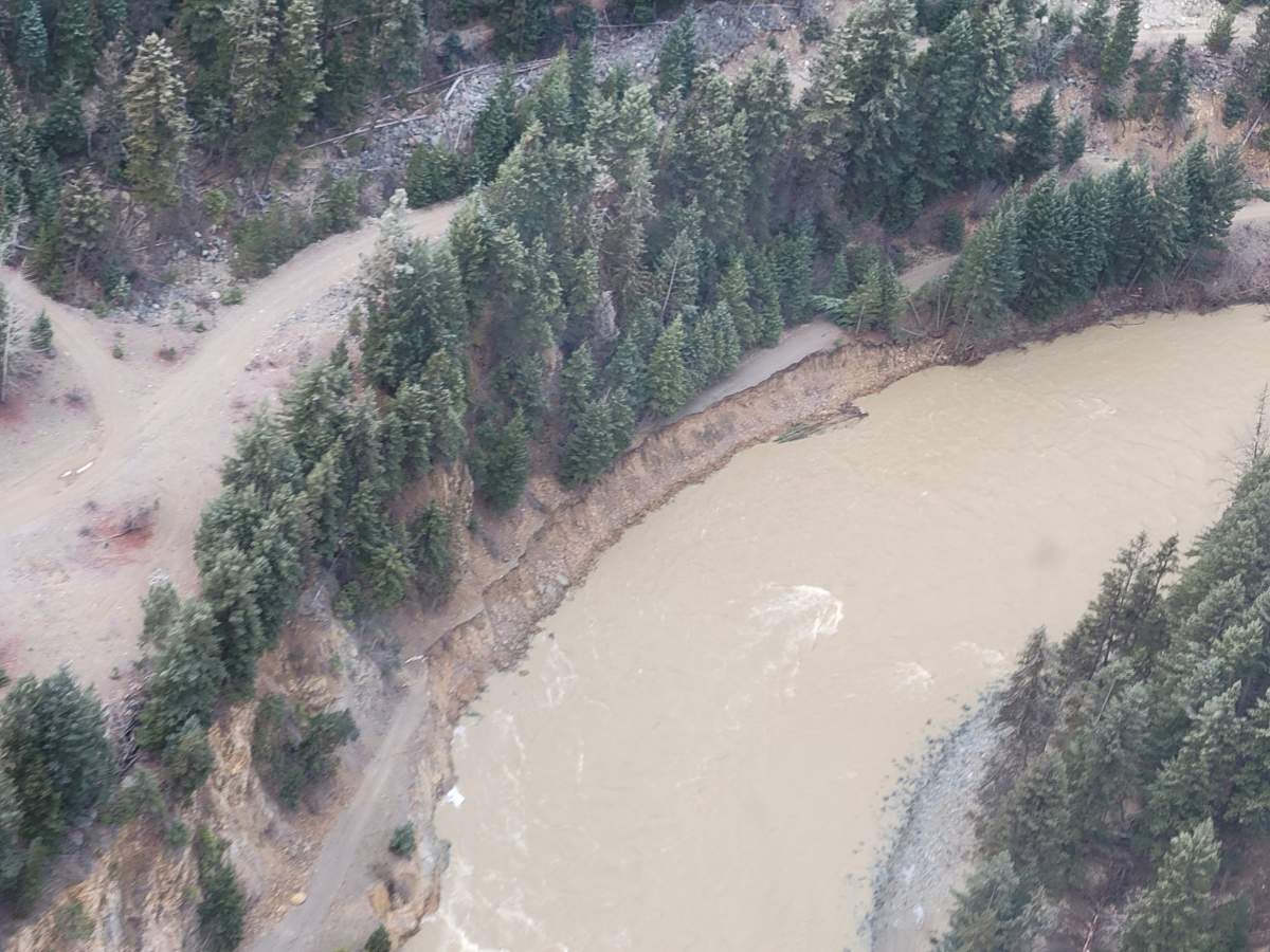 Crews flyover the KVR Trail near Tulameen river to reassess evacuation orders and alerts on December 3, 2021. 