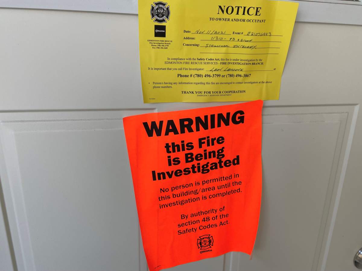The Deans arrived in Edmonton to find a notice from Edmonton Fire Rescue Services on their front door concerning the “structural integrity” of their home.