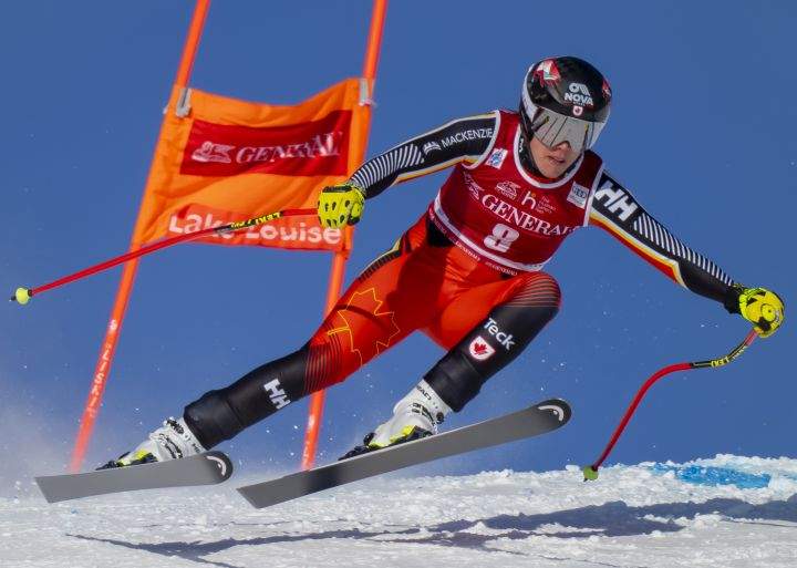 Marie-Michele Gagnon of Canada blasts down the course in the Women’s World Cup downhill ski race in Lake Louise, Alta., Friday, Dec. 3, 2021.