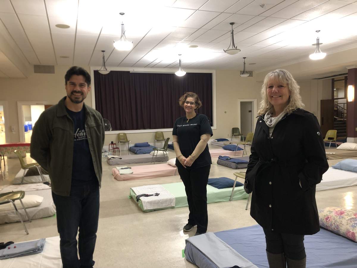 (Left to right) Joshua Lawrence, Minster of First- St. Andrews, Sarah Campbell executive director of Ark Aid Mission, and Debbie Kramers Manager, Coordinated Informed Response with the City of London. Dec. 6, 2021.