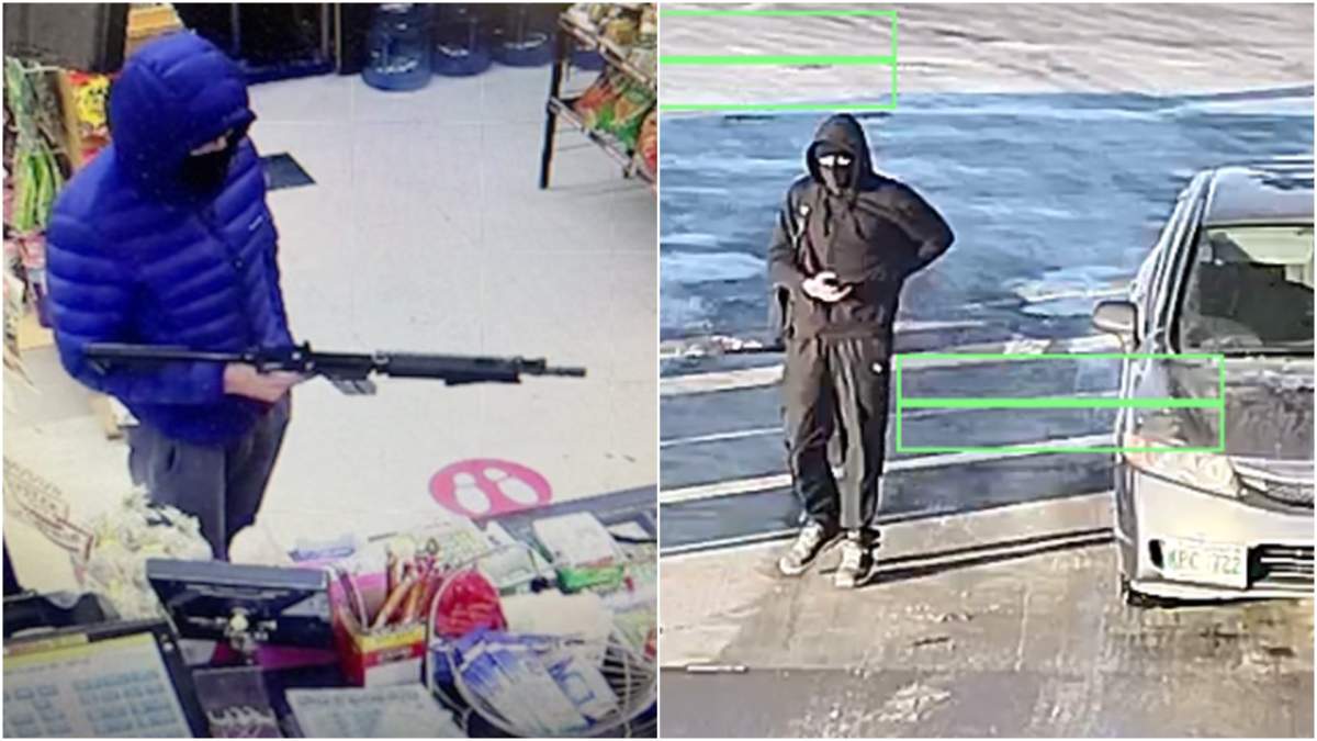 RCMP released two photos Thursday of a suspect wanted in a string of robberies in southern Manitoba.