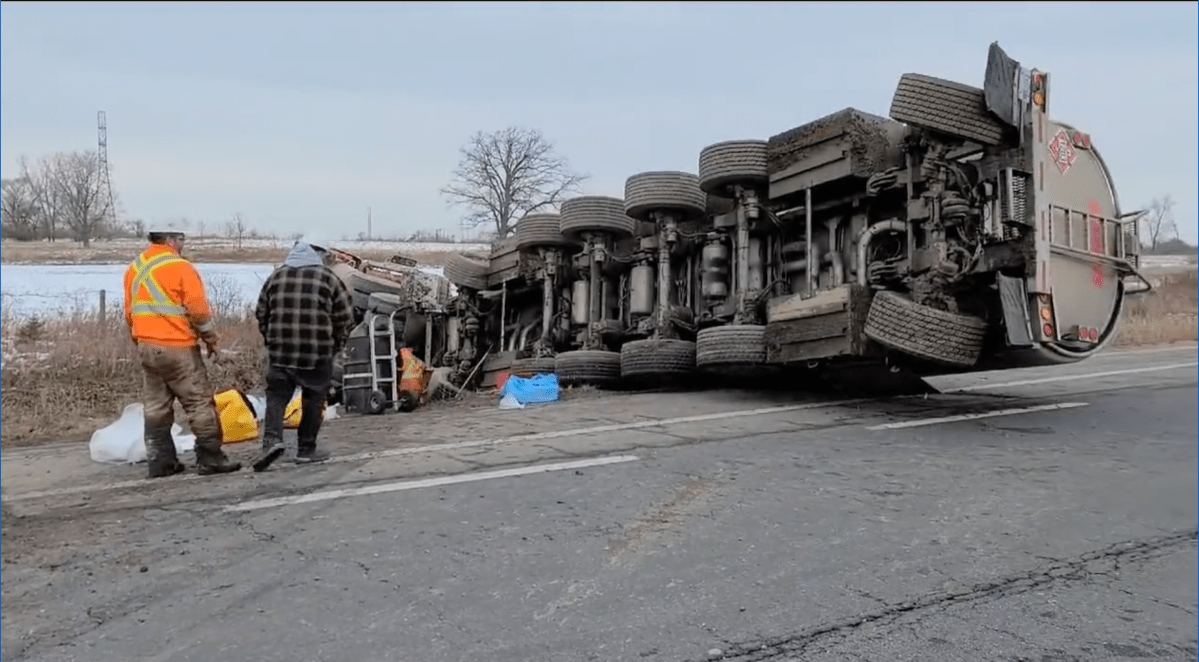 Transport truck rolled over on Highway 402 in the westbound lane west of London Ont., Dec. 1, 2021.