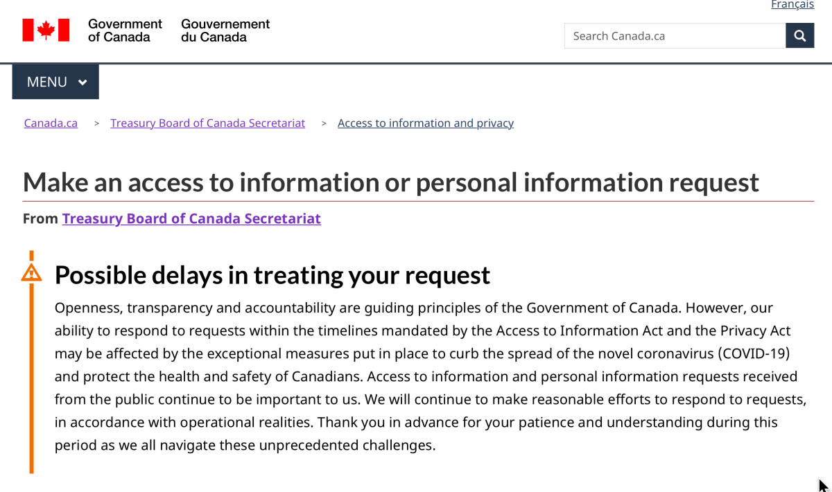 This screenshot, taken Dec. 1, 2021, of the federal government’s portal to file access-to-information requests, continues to warn of possible delays in responding to requests.