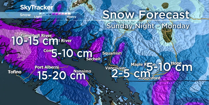 Between two and 20 centimetres of snowfall is expected to fall in different parts of B.C. between Dec. 5 and 6, 2021