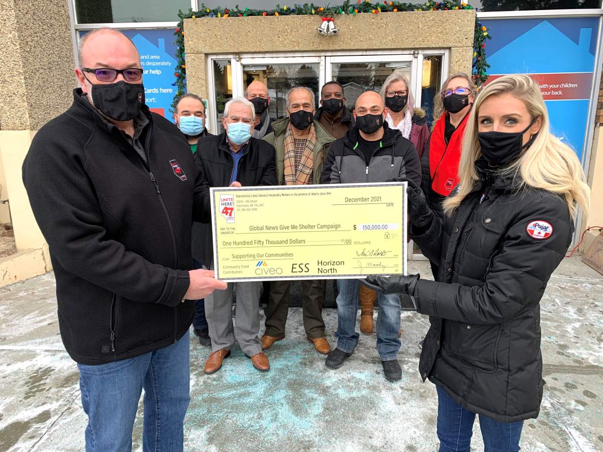 UNITE HERE Local 47, the union representing work camp hospitality and culinary workers in Alberta, donated $150,000 to the Global News Give Me Shelter campaign on Wednesday, Dec. 15, 2021.