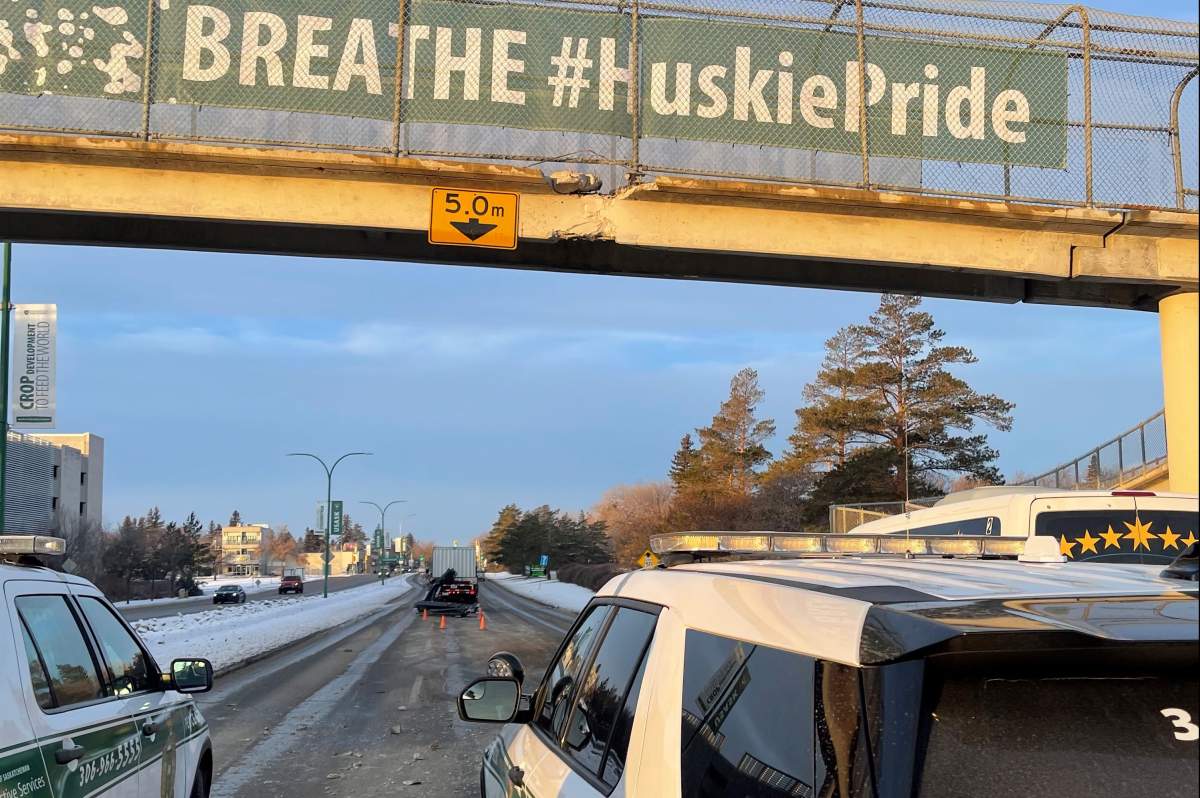 A pedestrian overpass was hit by a truck with a crane on Dec. 7, which created damage and knocked it out of alignment.