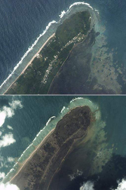 This satellite image provided by Planet Labs PBC, shows an overview of Kanokupolu in Tongatapu, Tonga on Jan. 14, 2022, top, and on Jan. 16, 2022 after the Jan. 15 eruption. (Planet Labs PBC via AP)