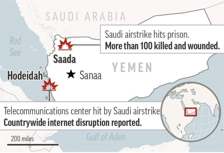 Map locates two Saudi airstrikes in Yemen. One striking a prison in the northwest city of Saada and the other in the western port city of Hodeidah, where a telecommunications hub was struck, crippling the country’s internet access