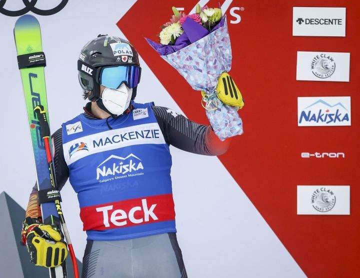 Canada’s Kevin Drury celebrates his second place finish following the men’s final at the World Cup ski cross event at Nakiska Ski Resort in Kananaskis, Alta., Friday, Jan. 14, 2022.