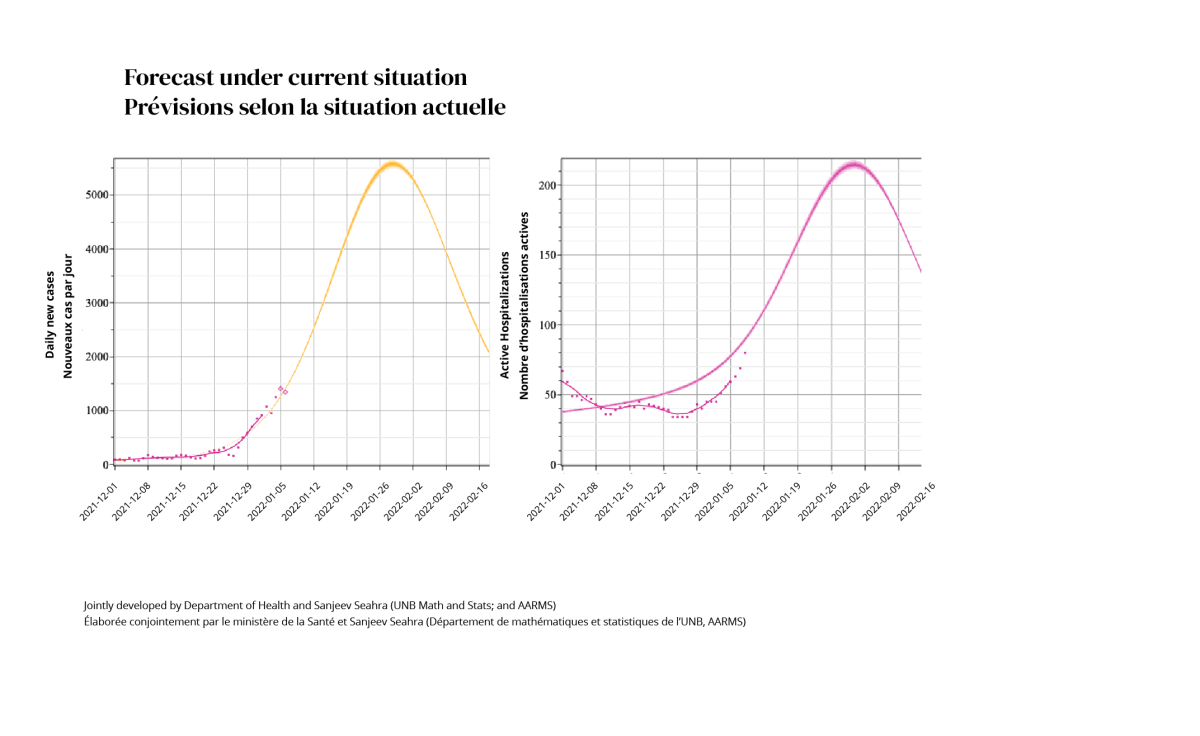This graph shows the number of cases and hospitalizations that could be expected in the coming weeks if current trends continue.