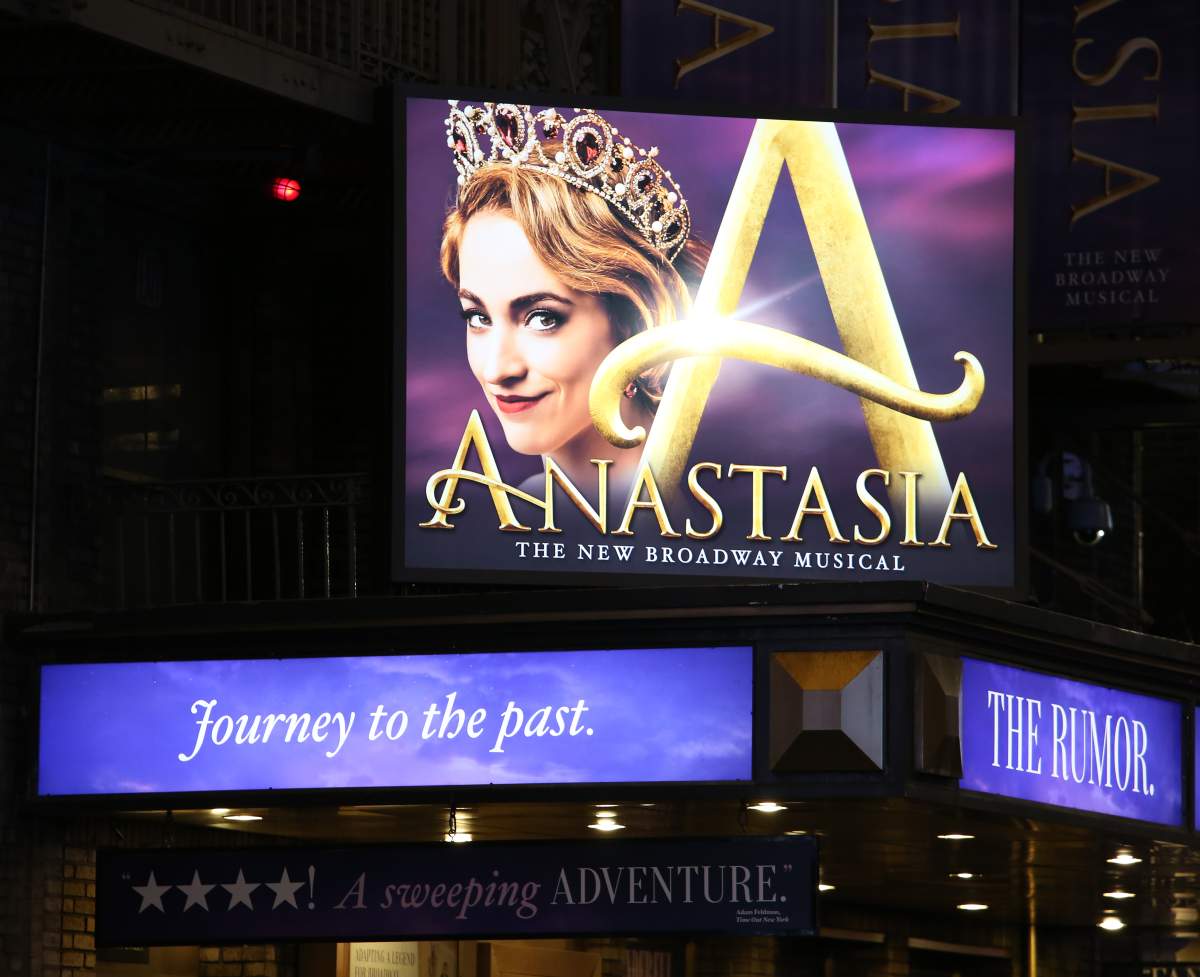 The theatre marquee for “Anastasia” at the Broadhurst Theatre on November 29, 2018 in New York City.