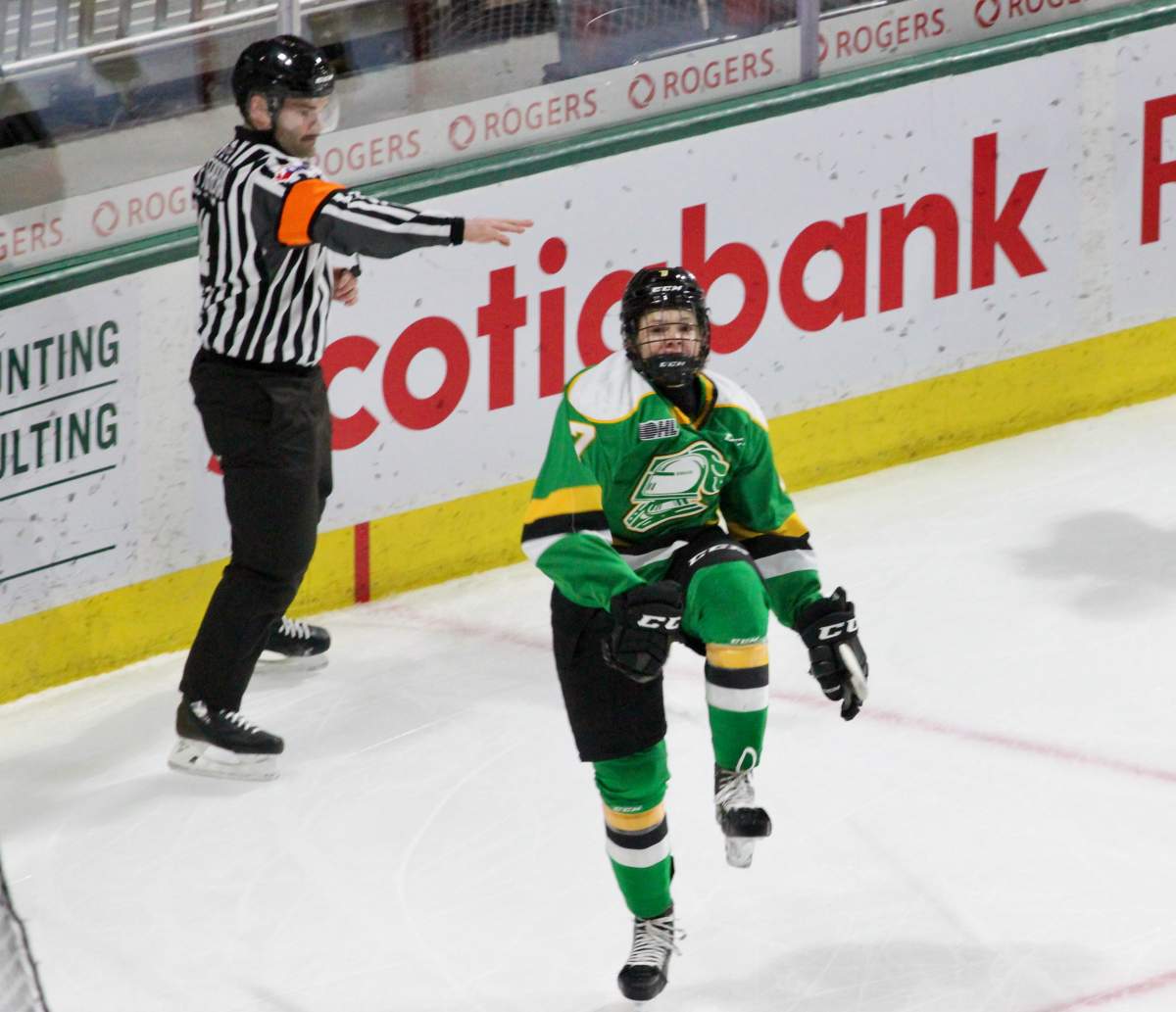 Easton Cowan celebrates his first OHL goal.