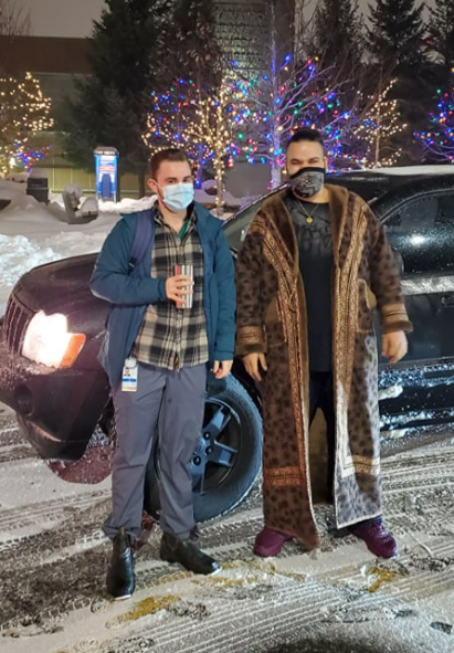 Nanaimo, B.C. resident Mark Don (right) drops a health-care worker off at the Nanaimo Regional General Hospital on Jan. 1, 2021.