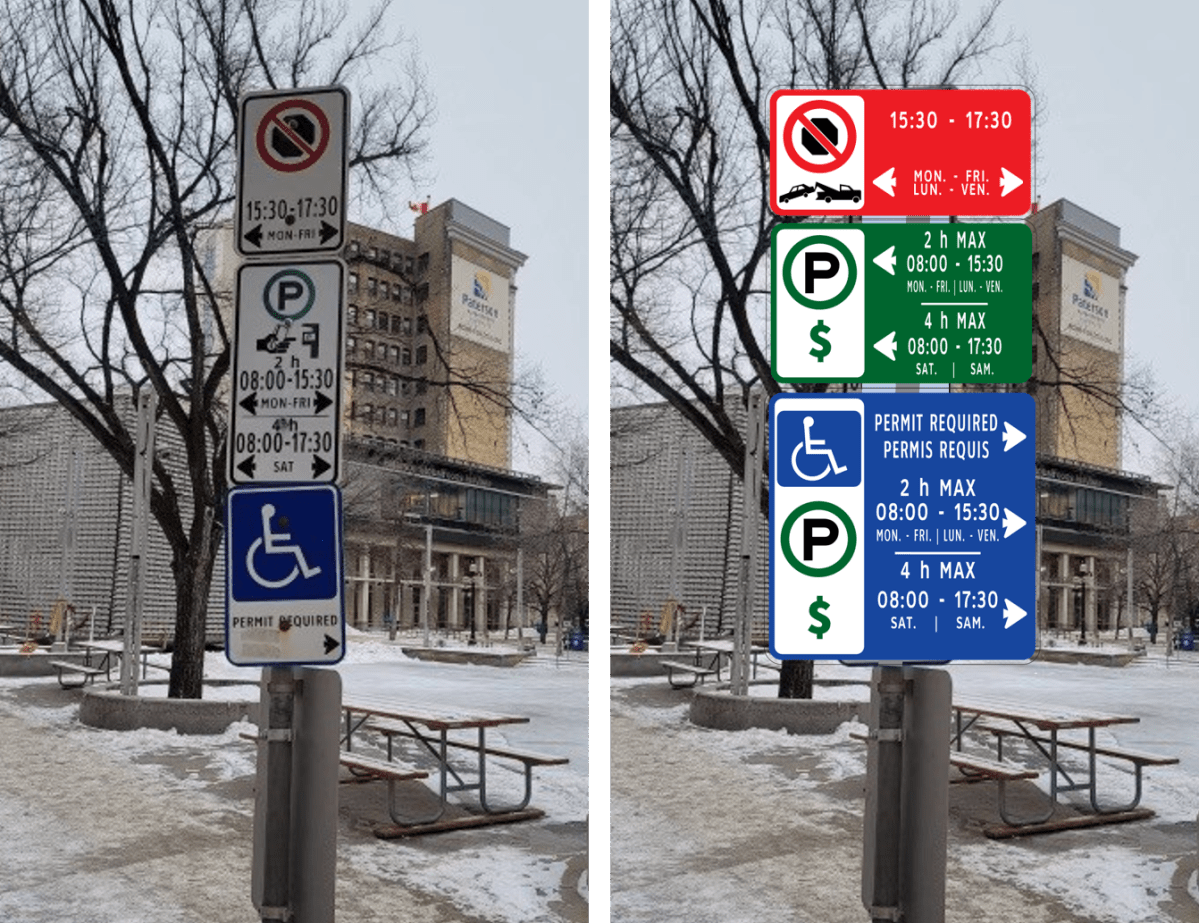 Left: Existing signs. Right: New signs.