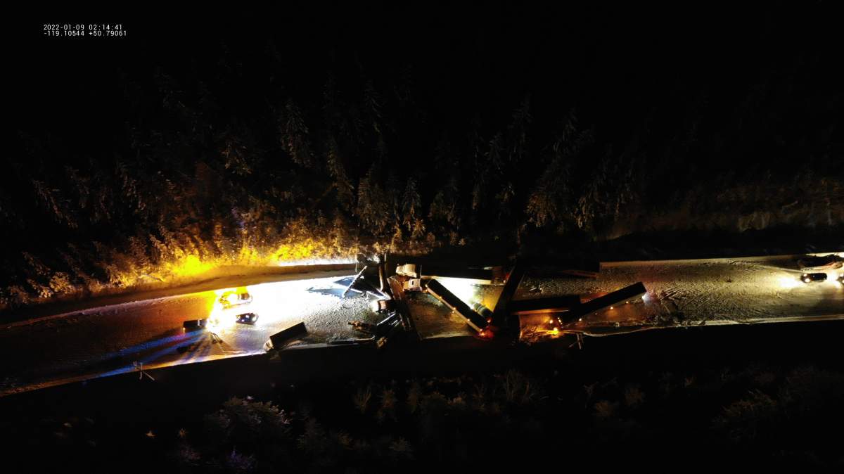 Image from an RCMP drone of the site of a fatal multi-vehicle collision.