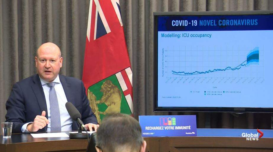 Dr. Brent Roussin shows the province’s ICU modeling numbers.