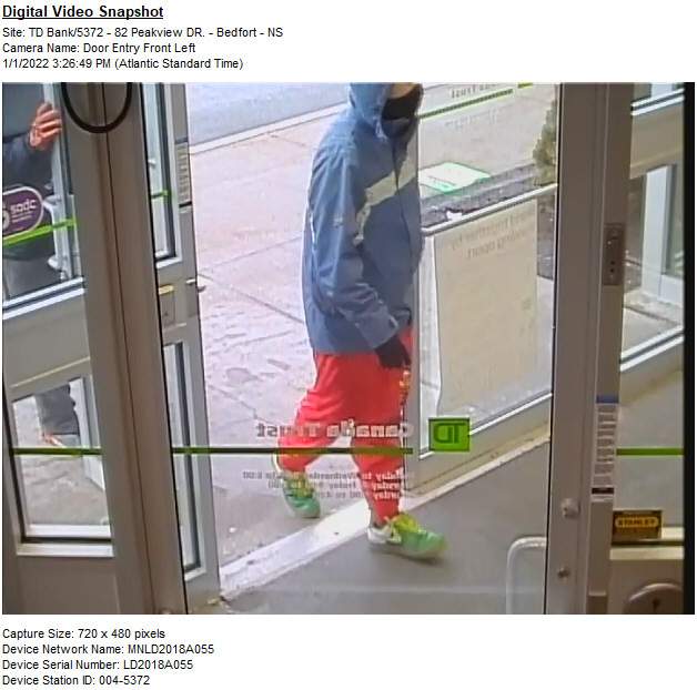 Video surveillance images show the two suspects involved in a robbery outside the TD bank at Peakview Way in Bedford, N.S. on Jan. 1, 2022.