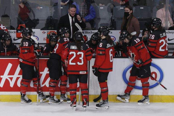 Canada’s head coach Troy Ryan speaks with the players during timeout of the Rivalry series against the US in Kingston, Ontario, on Sunday November 21, 2021.