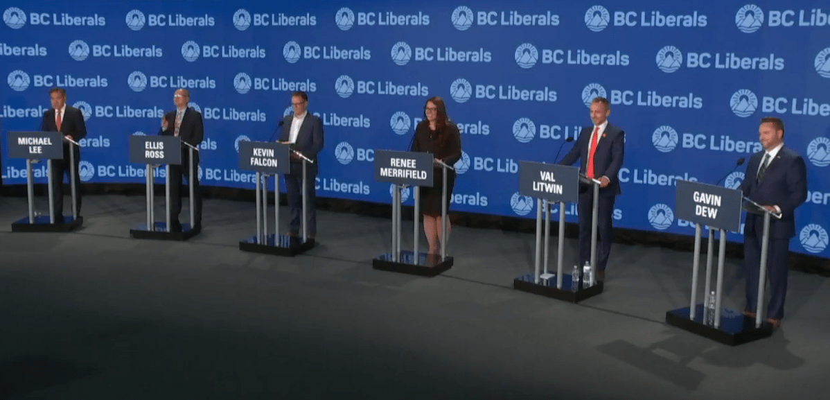 Candidates in the BC Liberal Party leadership race debate in September, 2021.