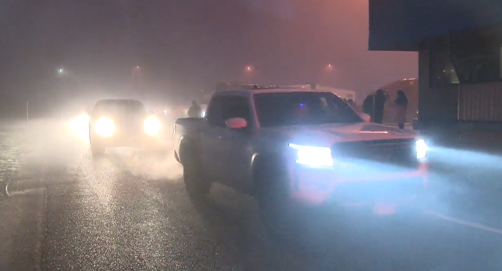 Truck in fog.