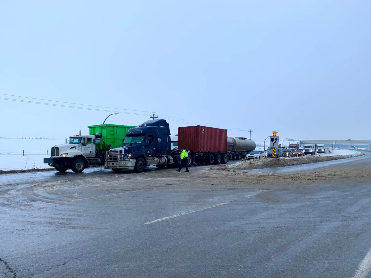 Highway 28 was shut down north of Anthony Henday Drive Thursday, Jan. 13, 2022 due to a semi in the ditch.