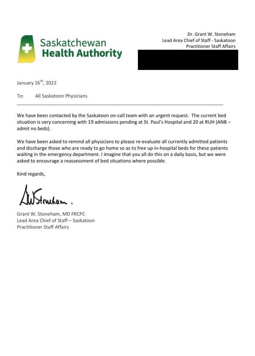 An internal SHA email, obtained by Global News, shows two Saskatoon hospitals were so full on Sunday they couldn’t accept new patients.
