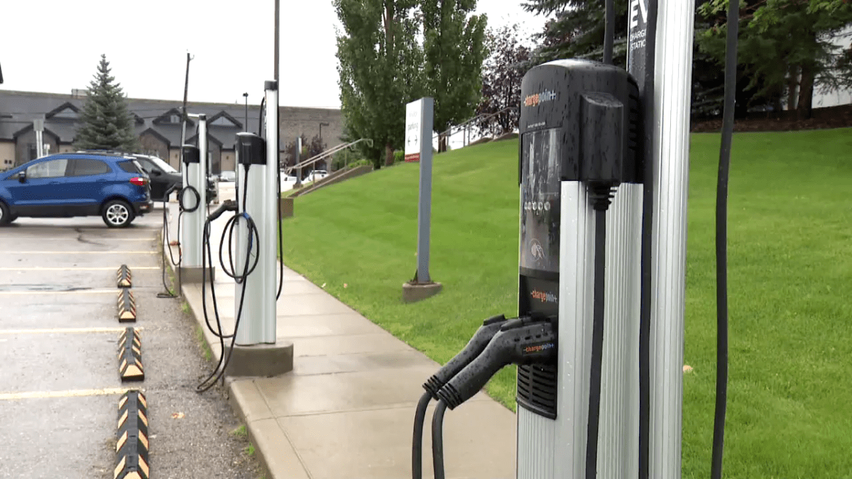 EV chargers sit available in Calgary.