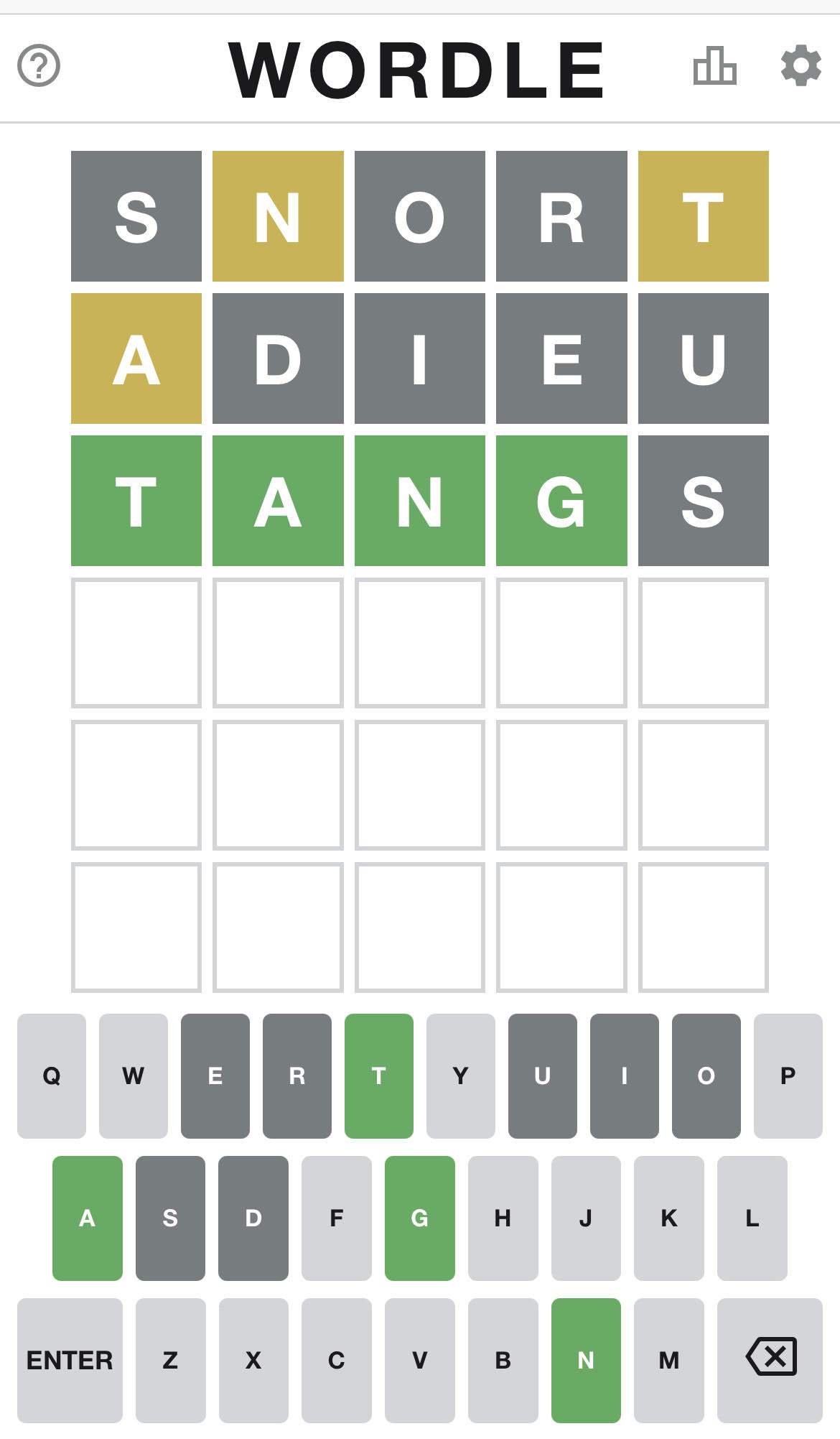 A screenshot of Wordle.