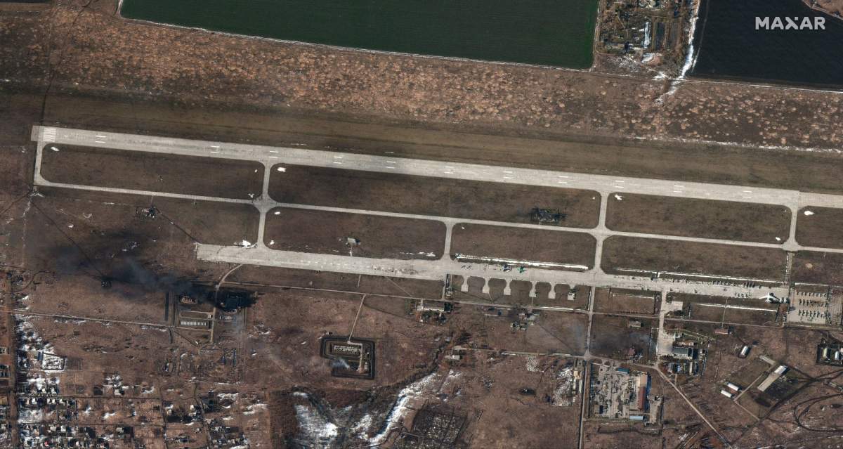 New imagery reveals damage to fuel storage areas and other airport infrastructure at the Chuhuiv airfield in the eastern Ukrainian city of Chuhuiv on Feb. 24, 2022.