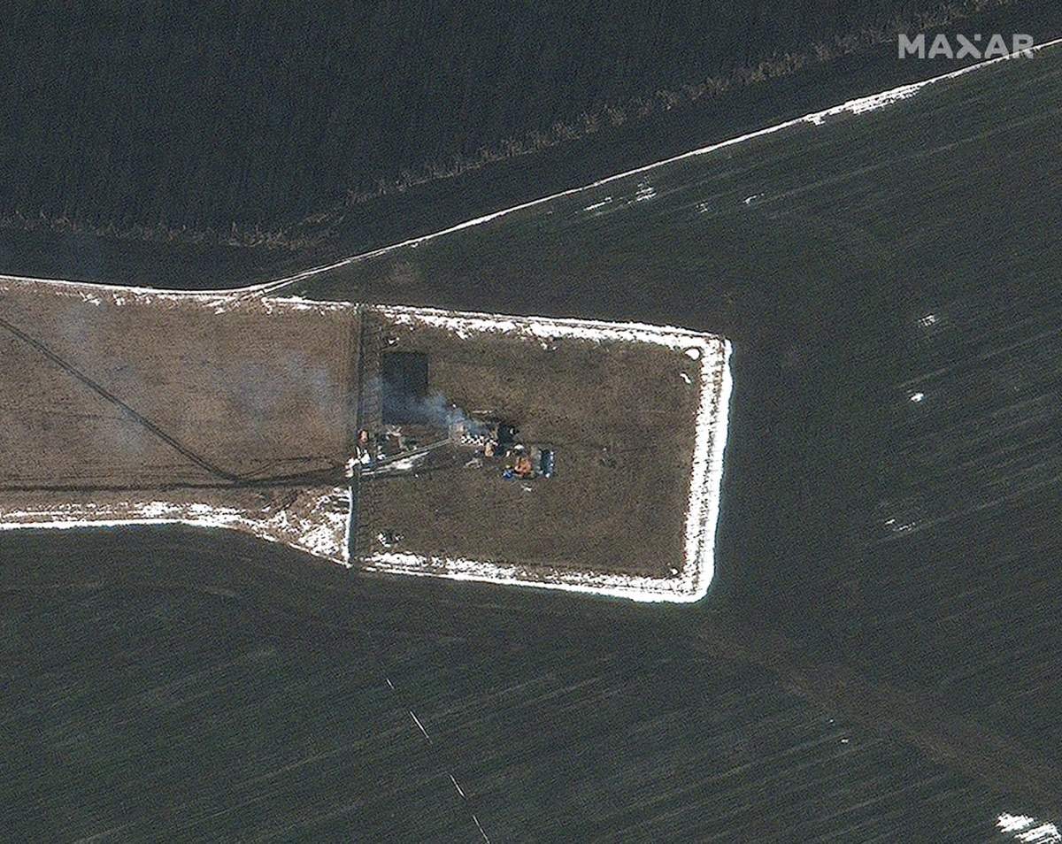 New imagery reveals damage to fuel storage areas and other airport infrastructure at the Chuhuiv airfield in the eastern Ukrainian city of Chuhuiv on Feb. 24, 2022.