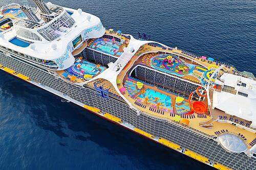 A drone capture of some of the ship's amentities, including pools and lounge areas.