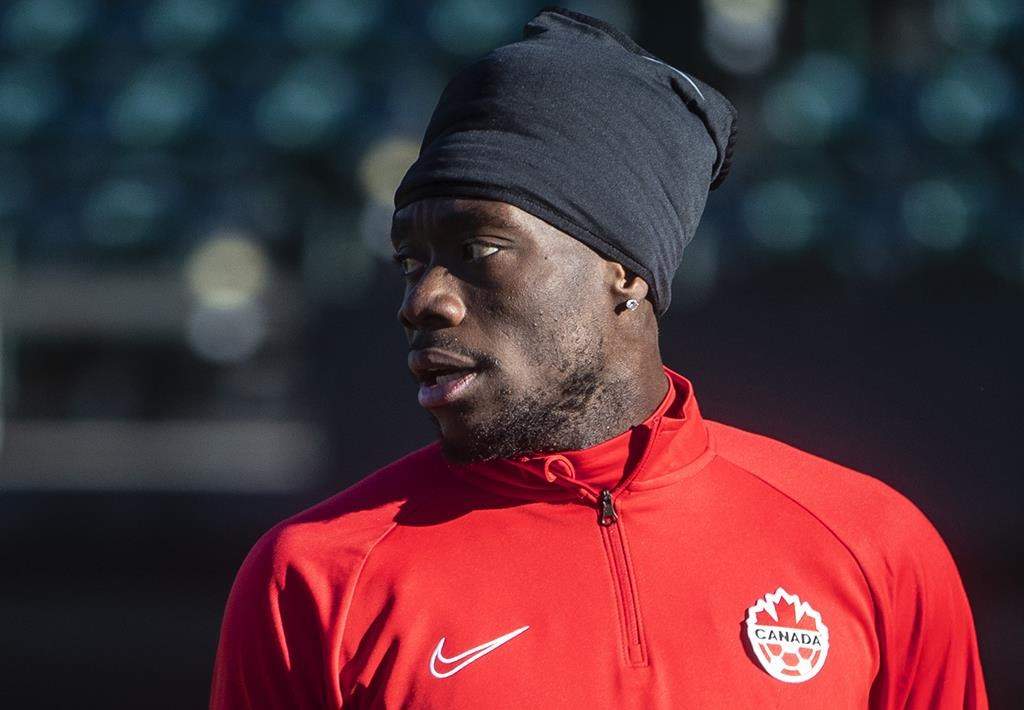 Canada's Alphonso Davies takes part in a practice session in Edmonton, Alta., on Wednesday November 10, 2021