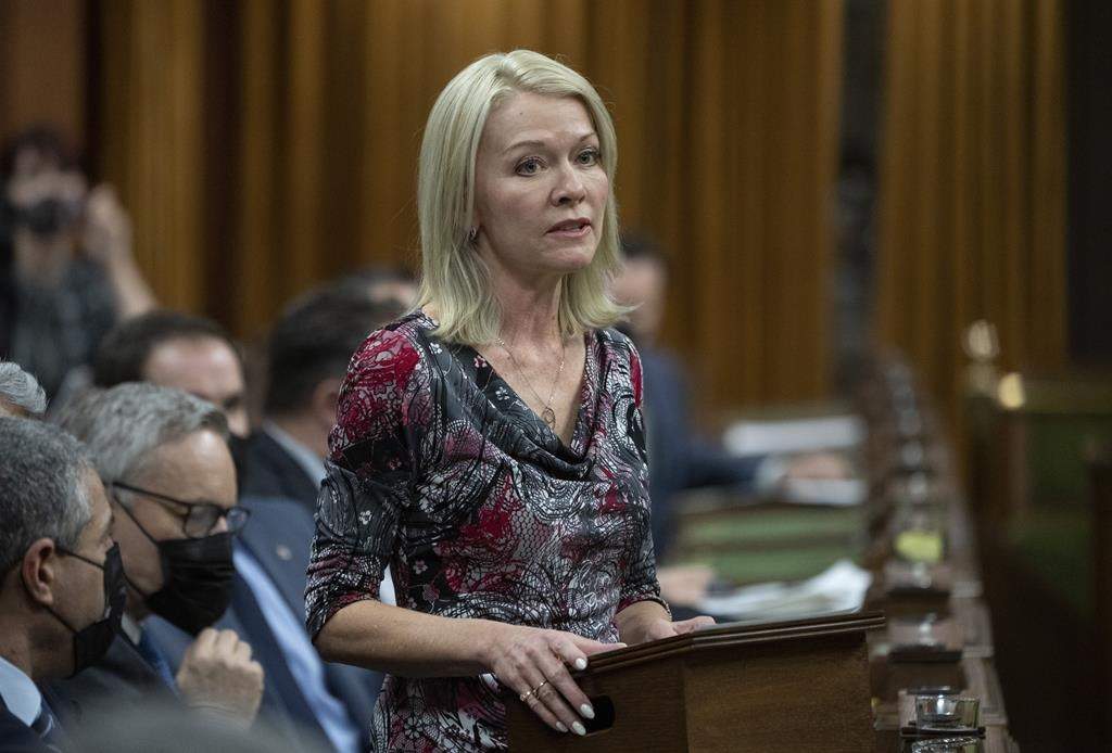 Conservative Party interim leader Candice Bergen rises during question period, in Ottawa, Thursday, Feb. 3, 2022. THE CANADIAN PRESS/Adrian Wyld