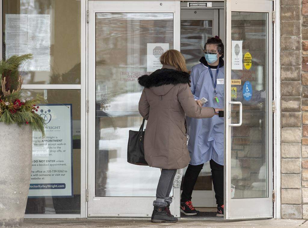 A visitor arrives at the Roberta Place Long Term Care home in Barrie, Ont. on Monday, January 18, 2021.