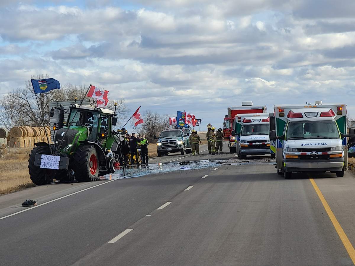 RCMP responded to a convoy crash near Brooks on Saturday, Feb. 5, 2022.