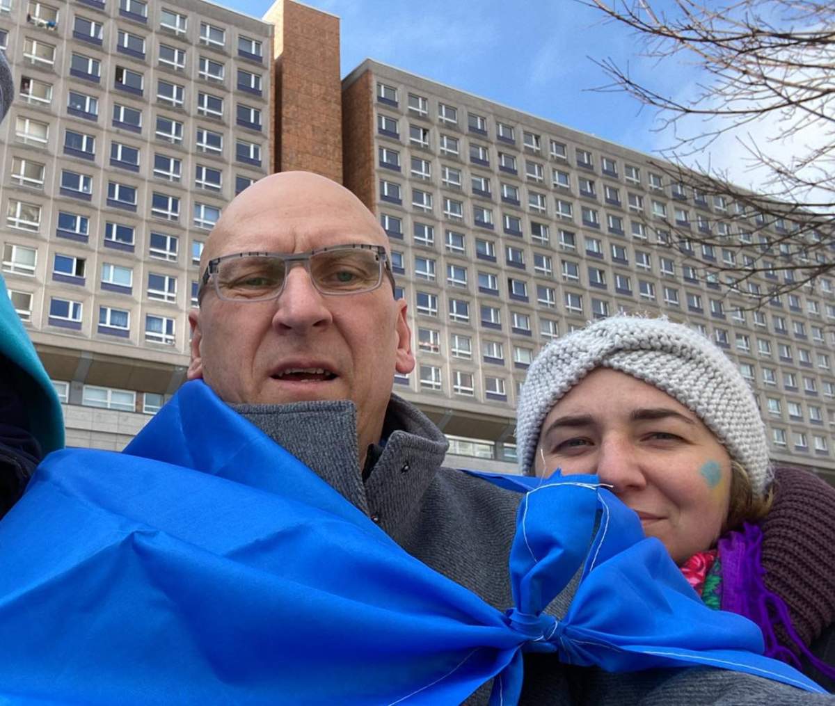 Frank (left) and Olena (right) Heese attend an anti-war rally in Berlin, Germany on February 27, 2022. (Credit: Frank Hesse)