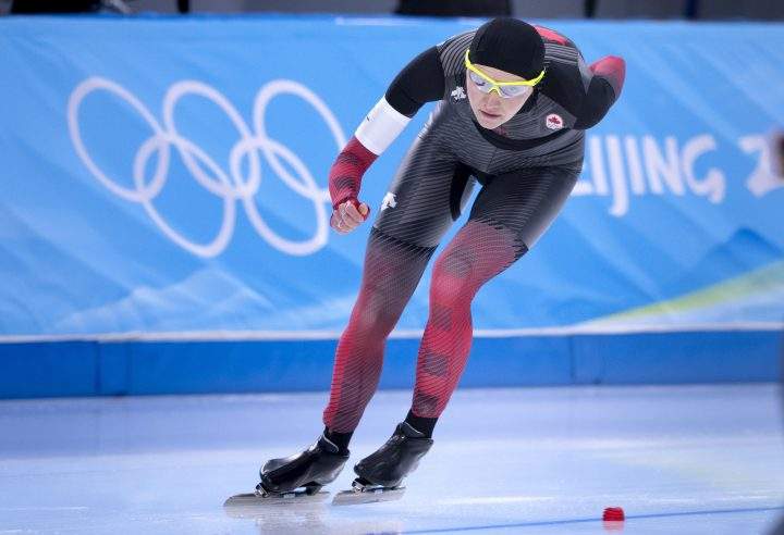 Isabelle Weidemann, of Canada, rounds the oval to win the bronze medal in the women’s 3,000 metre speedskating race at the 2022 Winter Olympics in Beijing on Saturday, Feb. 5, 2022.