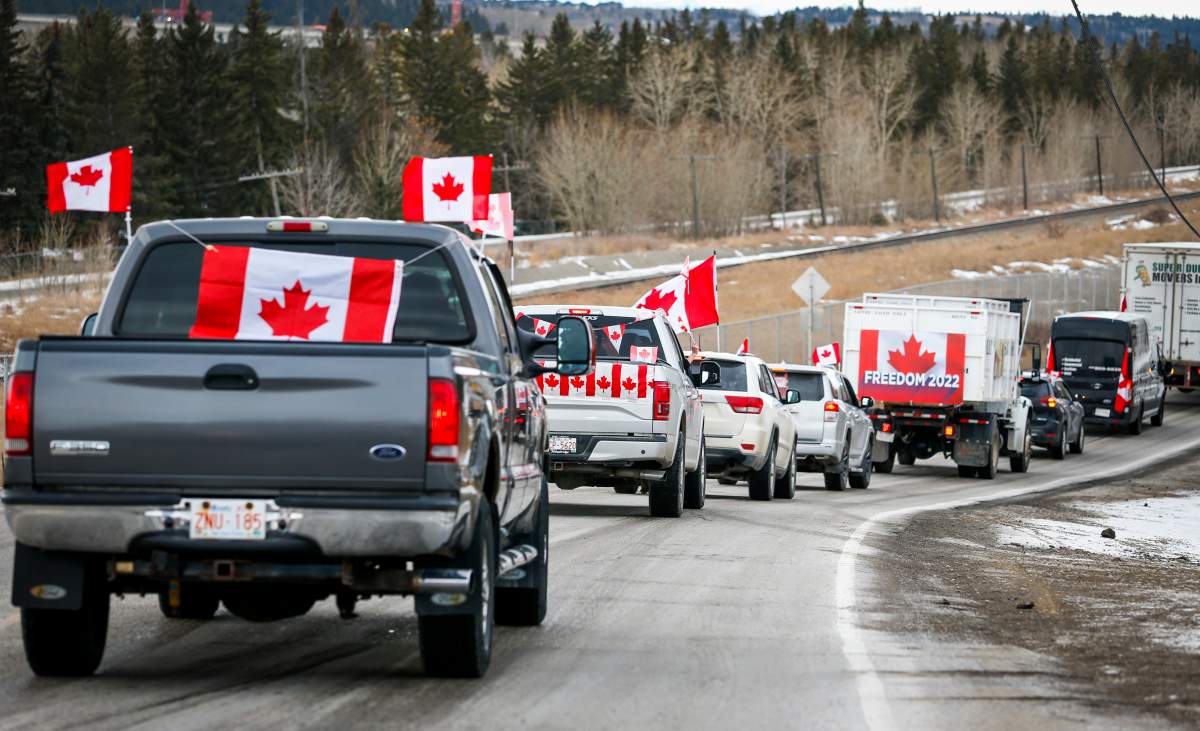 A convoy of anti-COVID-19 vaccine mandate demonstrators drive along a highway in Calgary, Alta., Saturday, Feb. 5, 2022.