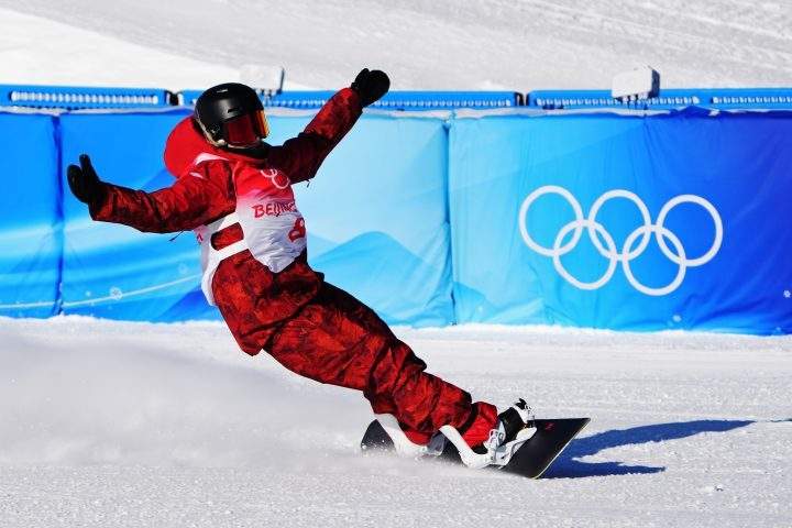 Canada’s Laurie Blouin reacts following her first run in the women’s snowboard slopestyle final at the 2022 Beijing Winter Olympics in Zhangjiakou, China on Sunday, Feb. 6, 2022.