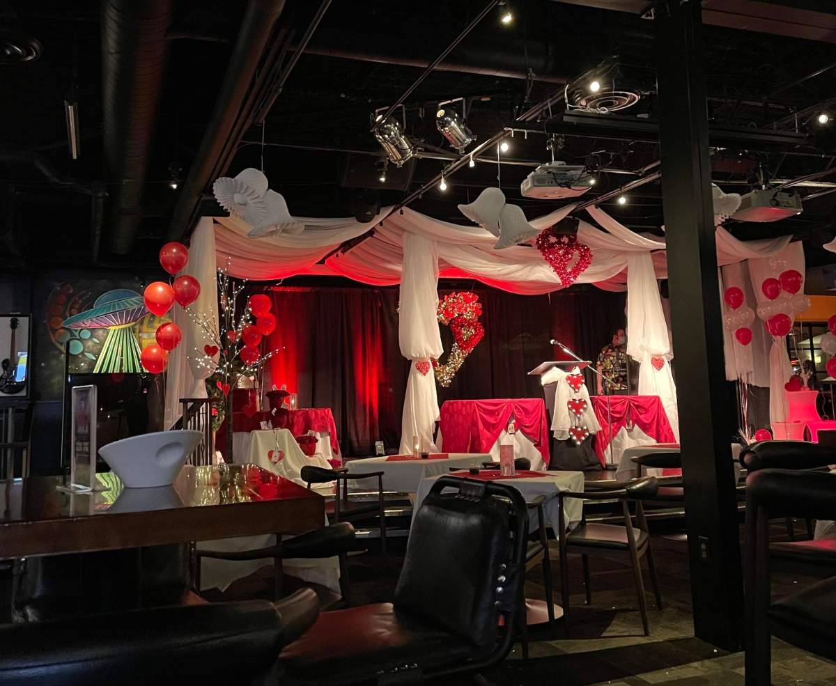 The Barking Parrot, a bar located inside the Penticton Lakeside Resort, was decorated to look like a Vegas wedding venue on Saturday night. 